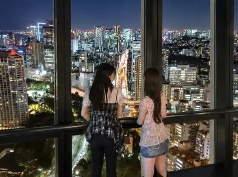 Two women seen from behind, looking out together over the Tokyo night view from the Main Deck windows